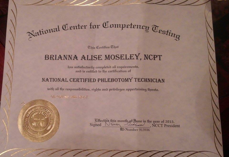 First National Certified Phlebotomy Technician certificate for Mesquite